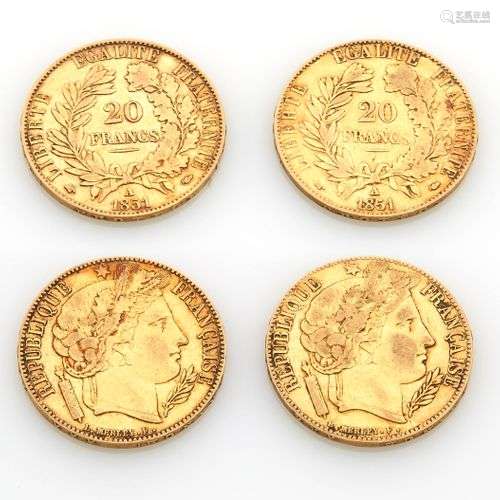 Deux pièces de vingt francs en or à l'effigie de la républiq...