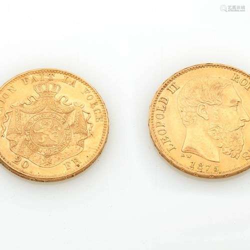 Pièce de vingt francs en or à l'effigie de Léopold II roi de...