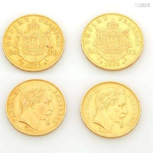 Deux pièces de vingt francs en or à l'effigie de Napoléon II...