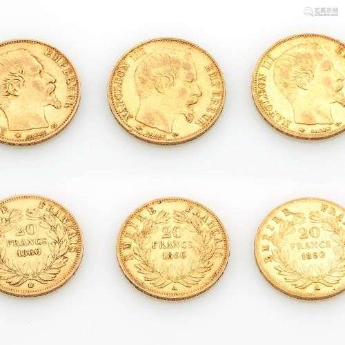 Cinq pièces de vingt francs en or à l'effigie de Napoléon II...