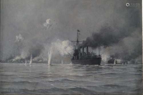 Charles MALFROY (1862 - 1918) Destroyer anglais bombardant l...