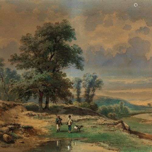 Charles PENSÉE (1799 - 1871) Paysage au chasseur Aquarelle, ...