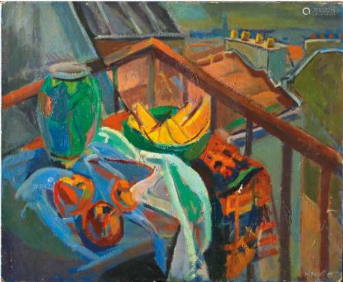 Simon Claude VANIER (1903 - 1958) Nature morte au balcon Hui...