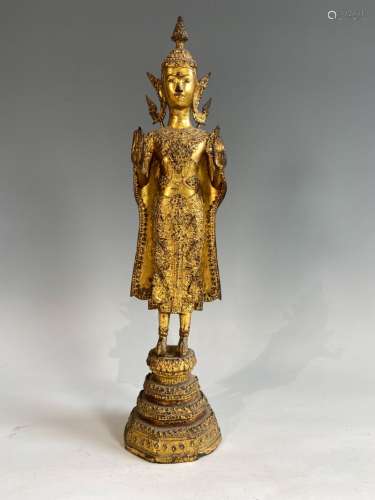 Statue de Bouddha en bronze laqué or Thaïlande, Ratanakosin,...