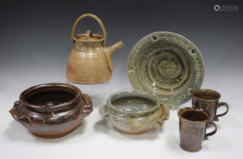 Six pieces of David Osborne studio pottery, including a circ...