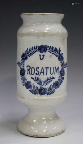 A tin glazed cylindrical dry drug jar, 19th century, inscrib...