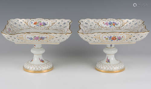 A pair of Meissen pierced square shaped tazze, late 19th/ear...