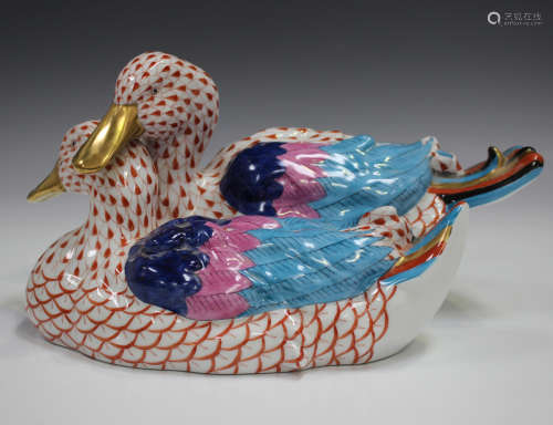 A Herend porcelain figure group of two ducks with iron red s...