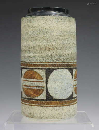 A Newlyn Troika cylinder vase, 1970s, typically decorated wi...