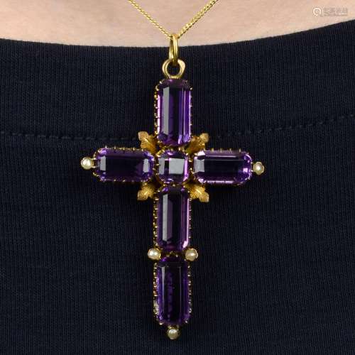 A late 19th century gold amethyst and split pearl cross pend...