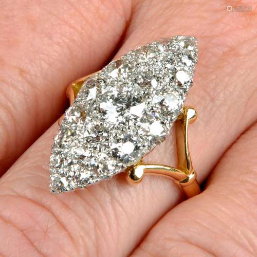 An 18ct gold old-cut diamond marquise-shape cluster ring.
