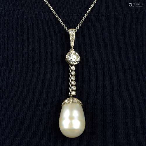 A natural pearl and diamond drop pendant,