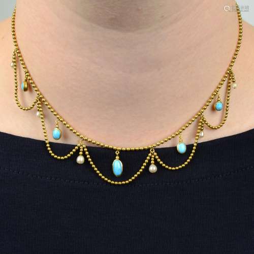 A late 19th century gold bead-link swag necklace, with turqu...