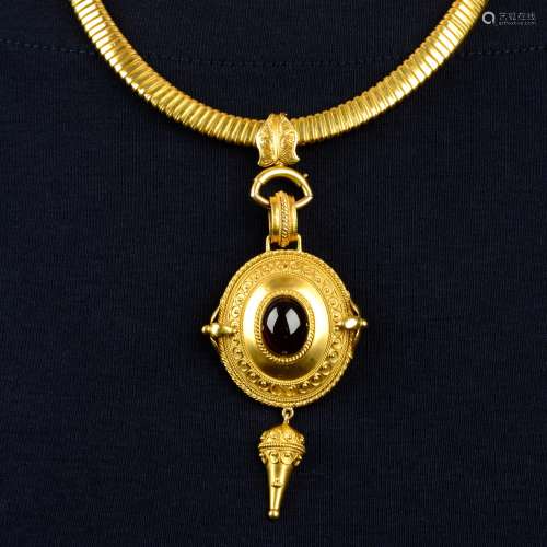 A late Victorian gold garnet cannetille pendant and collar.L...
