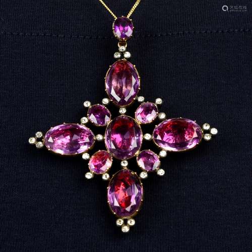 A 19th century silver and gold, foil-back amethyst and diamo...