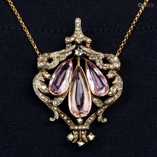 A 19th century silver and gold, pink topaz and diamond penda...