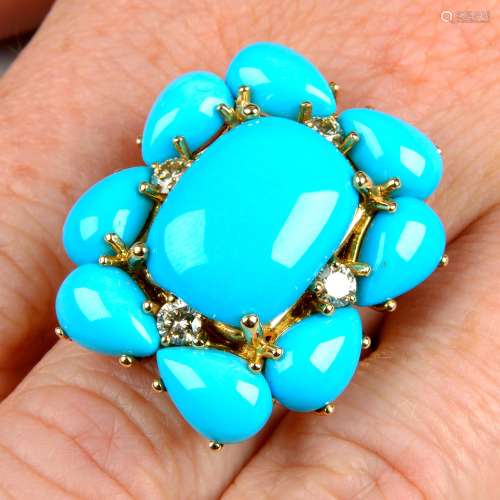 A turquoise and brilliant-cut 'brown' diamond ring,