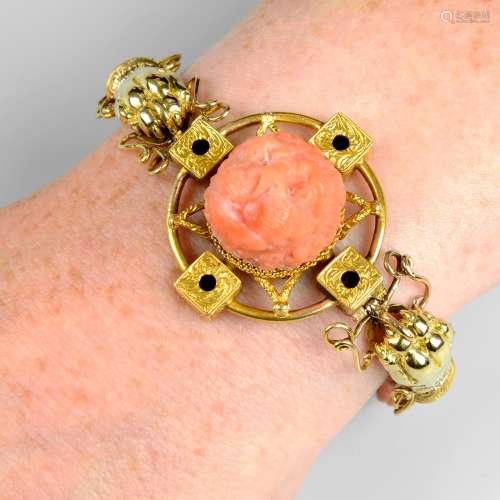 A predominantly 19th century gold coral bracelet, with carve...