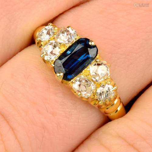 A sapphire and old-cut diamond ring.Sapphire calculated weig...