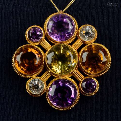A late 19th century gold amethyst, citrine and rock crystal ...