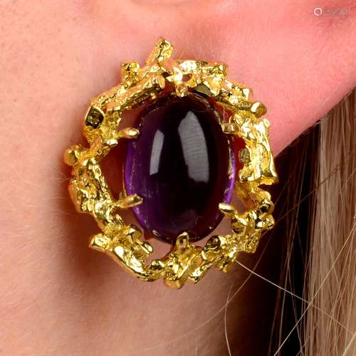 A pair of 9ct gold amethyst cabochon textured abstract earri...