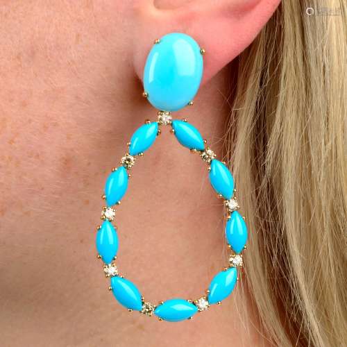 A pair of turquoise and brilliant-cut 'brown' diamond earrin...