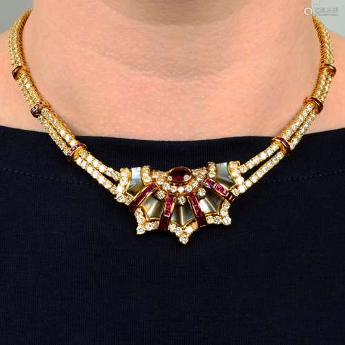 A diamond, ruby and grey mother-of pearl necklace,