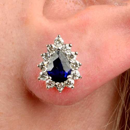 A pair of sapphire and brilliant-cut diamond cluster earring...