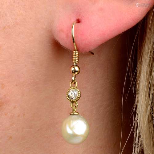 A pair of natural pearl and old-cut diamond drop earrings.