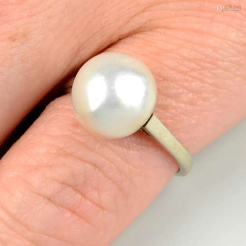 A mid 20th century 18ct gold natural pearl single-stone ring...