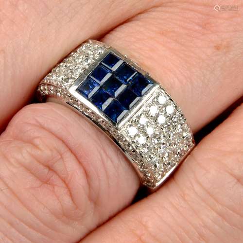 A calibré-cut sapphire and pavé-set diamond band ring.Estima...