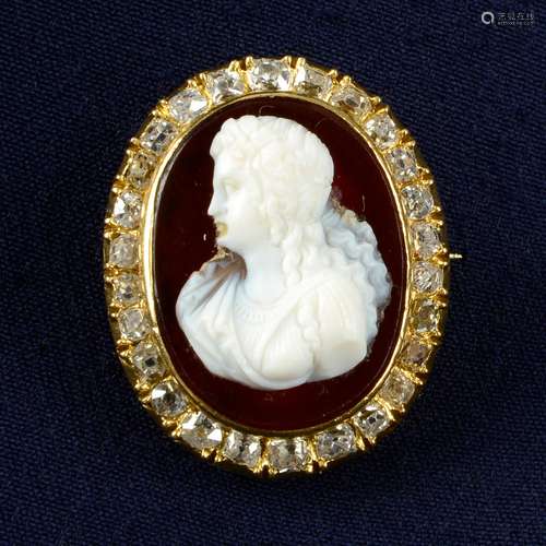 A late 19th century 18ct gold agate cameo and old-cut diamon...