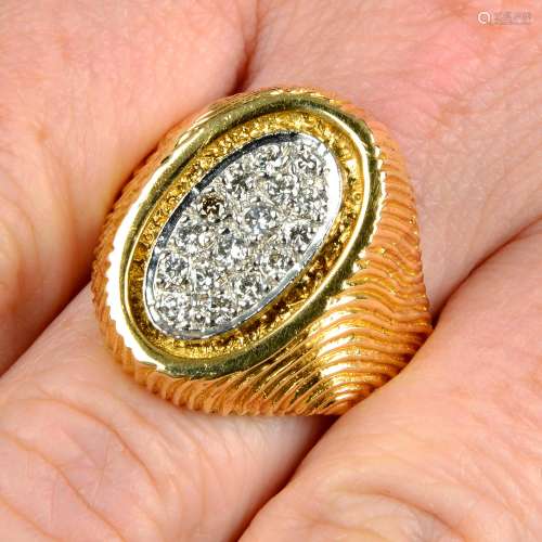 A 1970s 18ct gold pavé-set diamond signet ring, with fingerp...