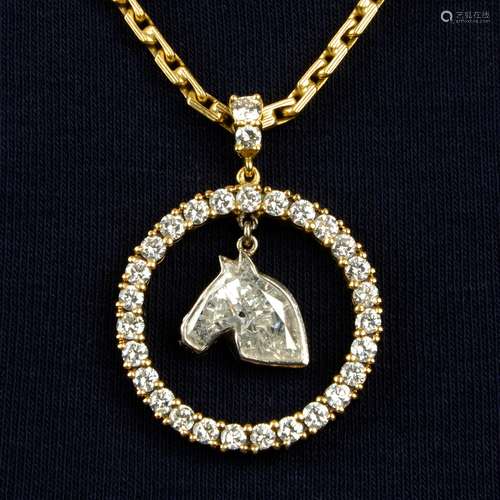 A horse-head-shape diamond and brilliant-cut diamond pendant...