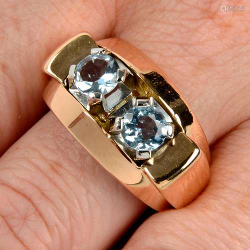 A mid 20th century 18ct gold and platinum aquamarine two-sto...