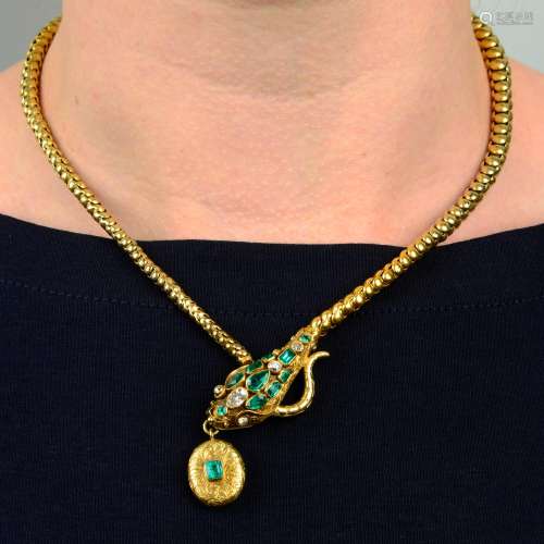 A mid 19th century gold emerald and diamond snake necklace.E...