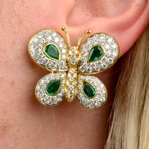 A pair of 1970s 18ct gold emerald and diamond butterfly earr...