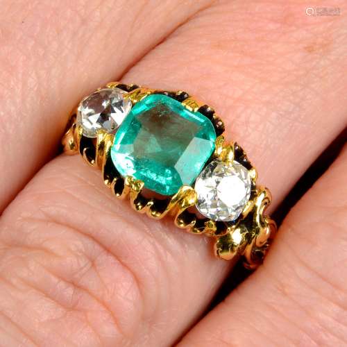 A 19th century 18ct gold emerald and old-cut diamond three-s...