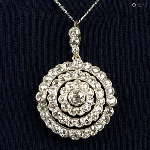 A late Victorian silver and gold old-cut diamond target pend...