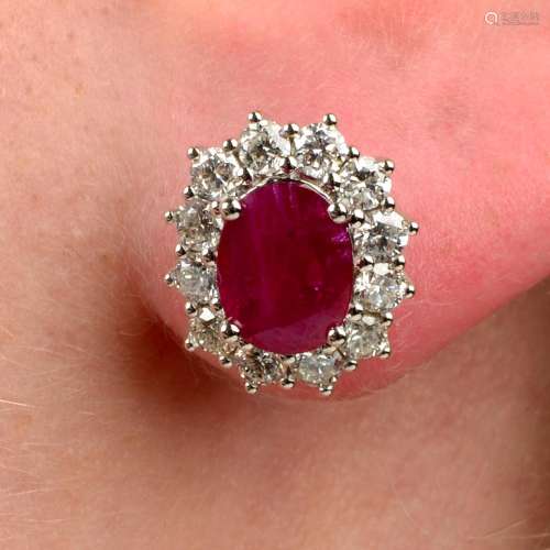 A pair of 18ct gold ruby and brilliant-cut diamond cluster e...