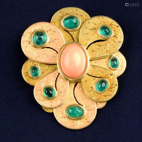 A bi-colour coral and emerald floral pendant.May be worn as ...