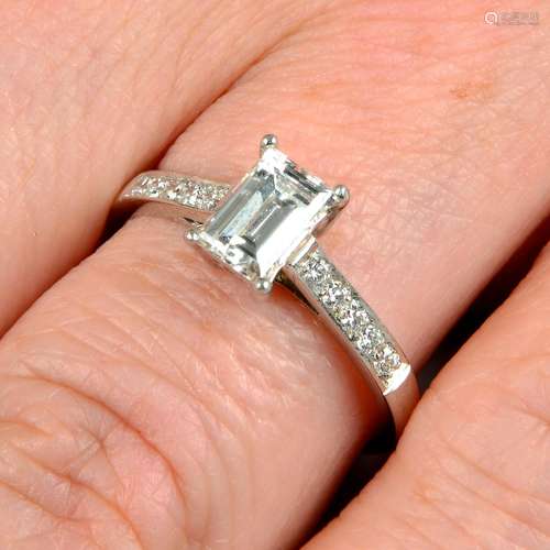 A rectangular-shape diamond single-stone ring.Principal diam...