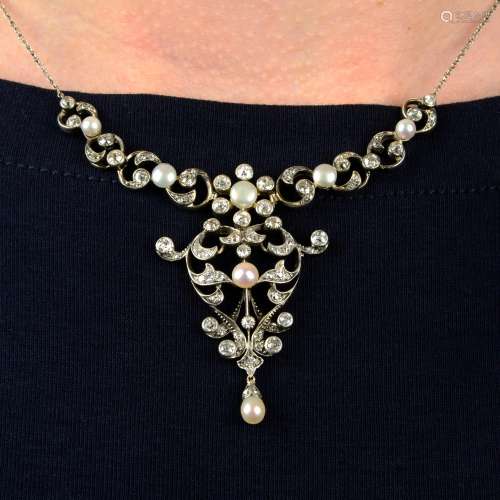 An early 20th century silver cultured pearl and diamond neck...