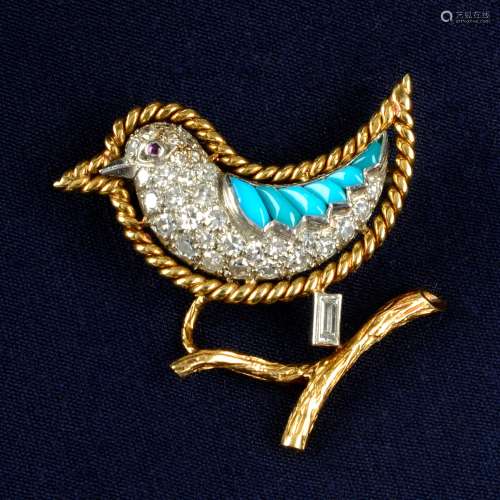 A mid 20th century 18ct gold and platinum, turquoise, diamon...