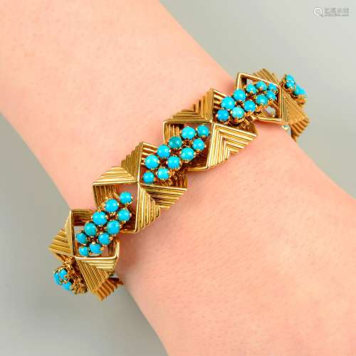 A mid 20th century 18ct gold turquoise geometric bracelet.