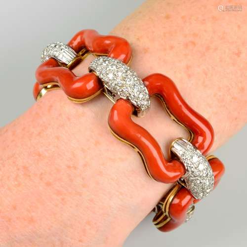 A 1970s coral and pavé-set diamond bracelet.