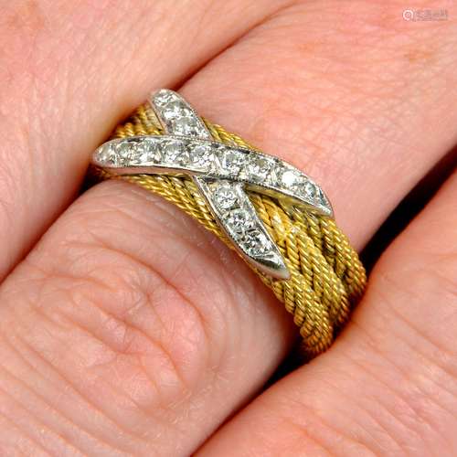 A rope-twist band ring, with pavé-set diamond cross highligh...