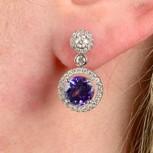 A pair of 18ct gold tanzanite and diamond cluster drop earri...