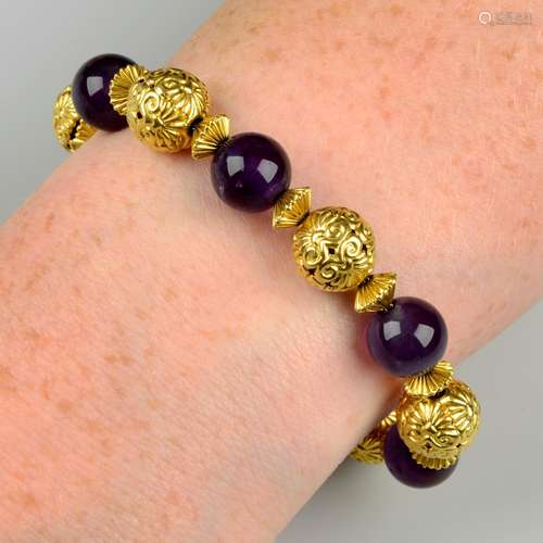 An amethyst and pierced acanthus motif bead bracelet, by Ili...