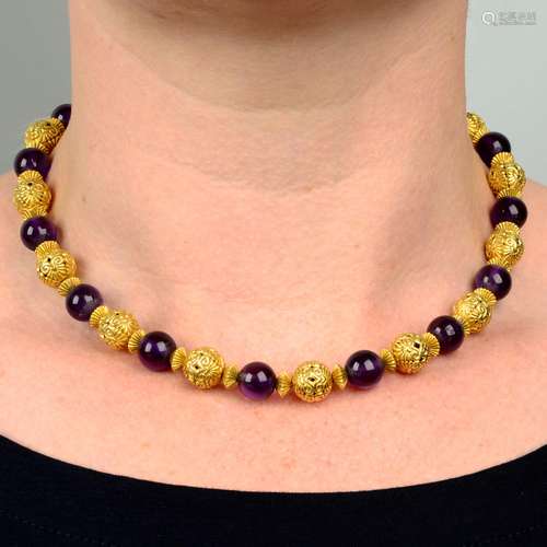 An amethyst and pierced acanthus motif bead necklace, by Ili...